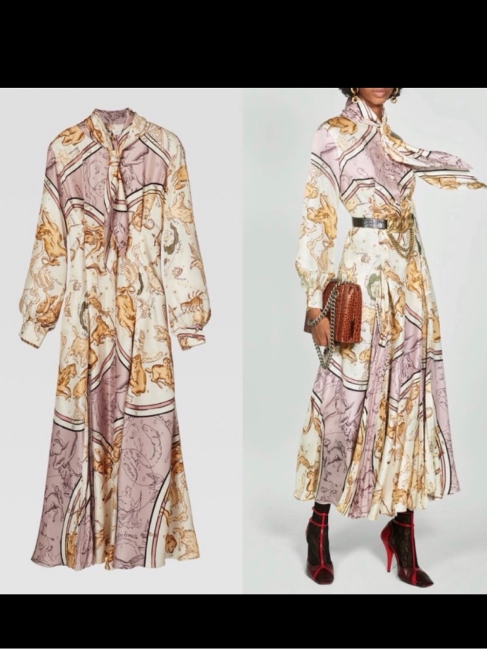 Zara Cream and Mauve Printed Scarf-Neck Maxi Dress